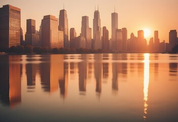 Fototapeta premium Panorama of a large city with skyscrapers, surrounded by a river against the background of the setting sun