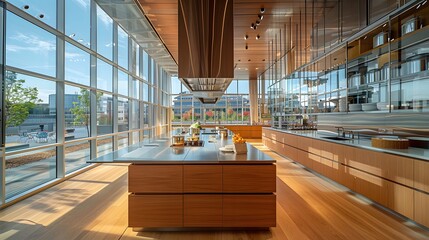 Modern office space with an open floor plan, large windows, and wooden accents under natural light setting the space for efficient and stylish work environment. 