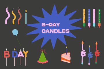 Birthday illustration. Birthday candles hand drawn, birthday cake, inflatable balls and hats for the holiday. Celebration icons. A set of different items for celebrating a birthday