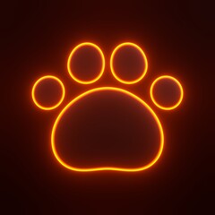 Paw print with bright glowing futuristic orange neon lights on black background. 3D icon, sign and symbol. Cartoon minimal style. 3D render illustration