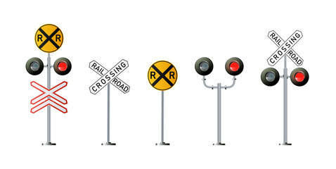 Road signs and railroad crossing barriers are used in the United States.traffic light, Railway barriers close isolated on white background, design concept for start up, business solutions,