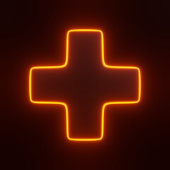 Plus sign with bright glowing futuristic orange neon lights on black background. 3D icon, sign and symbol. Cartoon minimal style. 3D render illustration