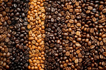Fototapeta premium Coffee beans on rows. Grades of roasting. Cafeteria concept. Flat lay. Top to down