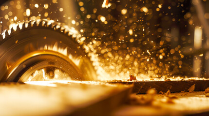 Circular saw slicing through wood, with sparks and sawdust flying, symbolizing industrial craftsmanship and precision. Perfect for themes of hard work, carpentry, manufacturing and construction