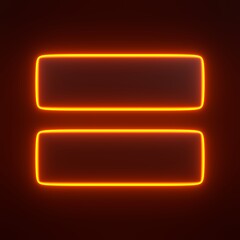 Equals sign with bright glowing futuristic orange neon lights on black background. 3D icon, sign and symbol. Cartoon minimal style. 3D render illustration
