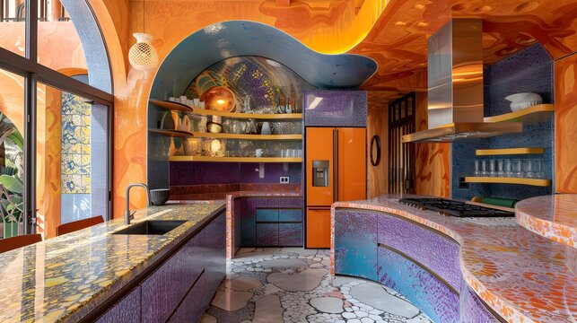 A vibrant and colorful modern kitchen interior with unique curvilinear architecture and mosaic tile design