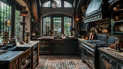Obraz premium An elegant vintage kitchen with classic furnishings and a lush garden view through arched windows. 