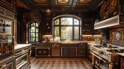 Fototapeta premium Elegant and luxurious vintage kitchen interior with ornate woodwork and a classic design aesthetic.