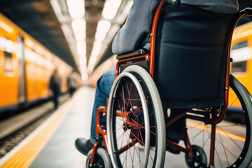 Fototapeta premium a person with disabilities in a wheelchair at the station, accessibility of transport for disabled people, close-up