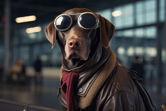 Portrait of a funny labrador retriever while standing against bustling airport terminal