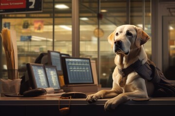 Portrait of a funny labrador retriever over bustling airport terminal