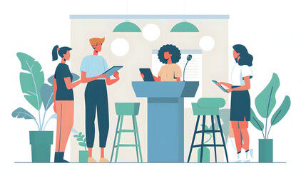 a host greeting people at a podium at the front of a restaurant