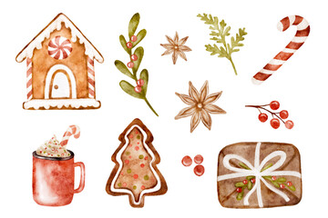 Collection of watercolor Christmas elements, set of Christmas decoration cut out from background