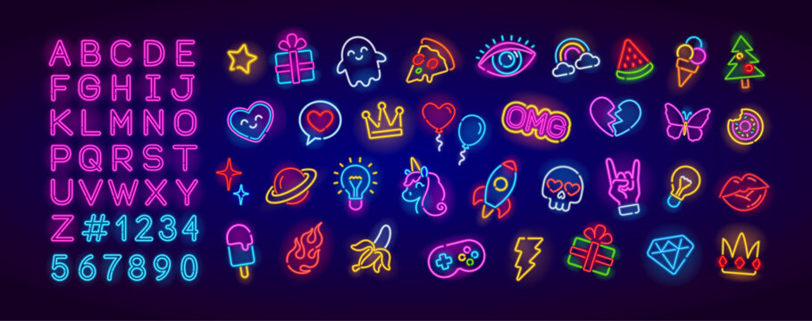 Pop Art Neon sign set 7 of Night Party icons collection. Bright signboard, light banner. Vector Neon icons and symbols: heart, diamond, pizza, rock hand, gift box, crown, donut, unicorn, neon icons