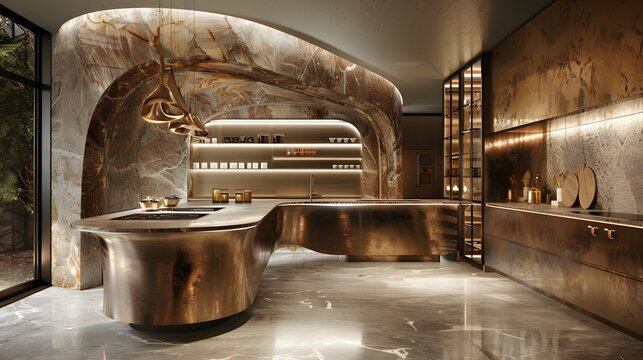Luxurious modern kitchen with marble finishes and sleek metallic accents suitable for interior design themes.