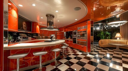Retro-styled diner interior with red and chrome accents and a checkered floor evoking mid-century Americana. 