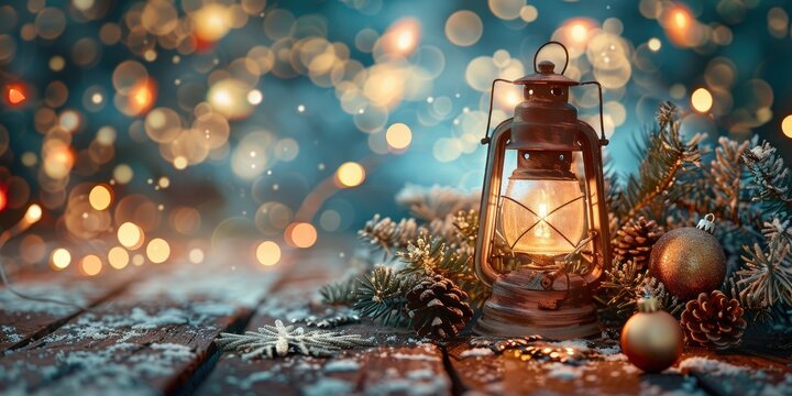 Warm Christmas Lantern on a Snowy Table