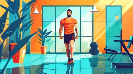 Modern Gym Scene with Fit Man Exercising in Vibrant Environment