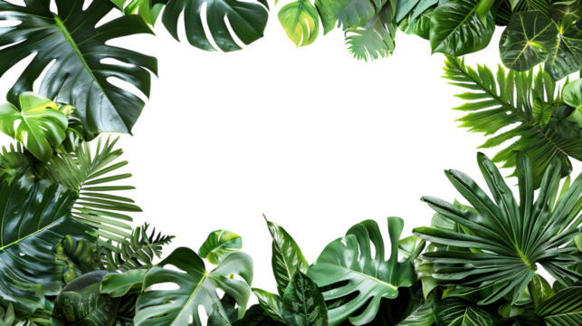 Lush green border of tropical leaves on white background.