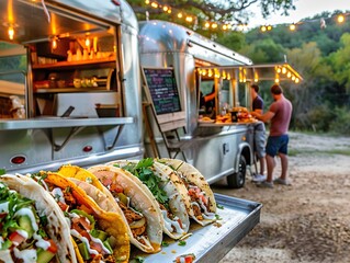 A group of food enthusiasts on a gourmet taco sampling tour at a trendy food truck in austin, texas. They are savoring and discussing the unique flavors and ingredients of the delicious tacos.