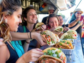 A group of food enthusiasts on a gourmet taco sampling tour at a trendy food truck in austin, texas. They are savoring and discussing the unique flavors and ingredients of the delicious tacos.