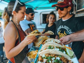 A group of food enthusiasts on a gourmet taco sampling tour at a trendy food truck in austin, texas. They are savoring and discussing the unique flavors and ingredients of the delicious tacos.