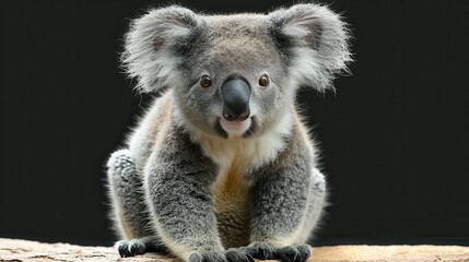 Fototapeta premium An adorable koala sits against a black background, giving the camera a seemingly surprised look