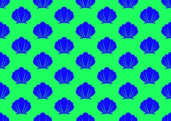 Pattern with clams. Pattern with shells. Shellfish in the ocean. Shells in the sea. Blue seashells on a green background. Summer time, entertainment and rest