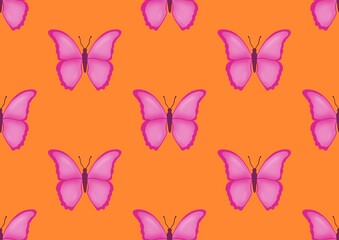 Butterfly. Pattern with butterflies. Pink butterfly and orange background. Nature. Summer season