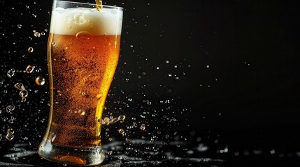 Beer splashing out of a tall, transparent glass with visible bubbles and foam
