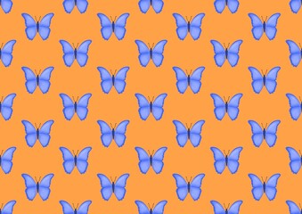 Butterfly. Pattern with butterflies. Blue butterfly and orange background. Nature. Summer season