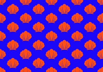 Pattern with clams. Pattern with shells. Shellfish in the ocean. Shells in the sea. Red seashells on a blue background. Summer time, entertainment and rest