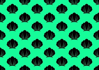 Pattern with clams. Pattern with shells. Shellfish in the ocean. Shells in the sea. Black seashells on a green background. Summer time, entertainment and rest