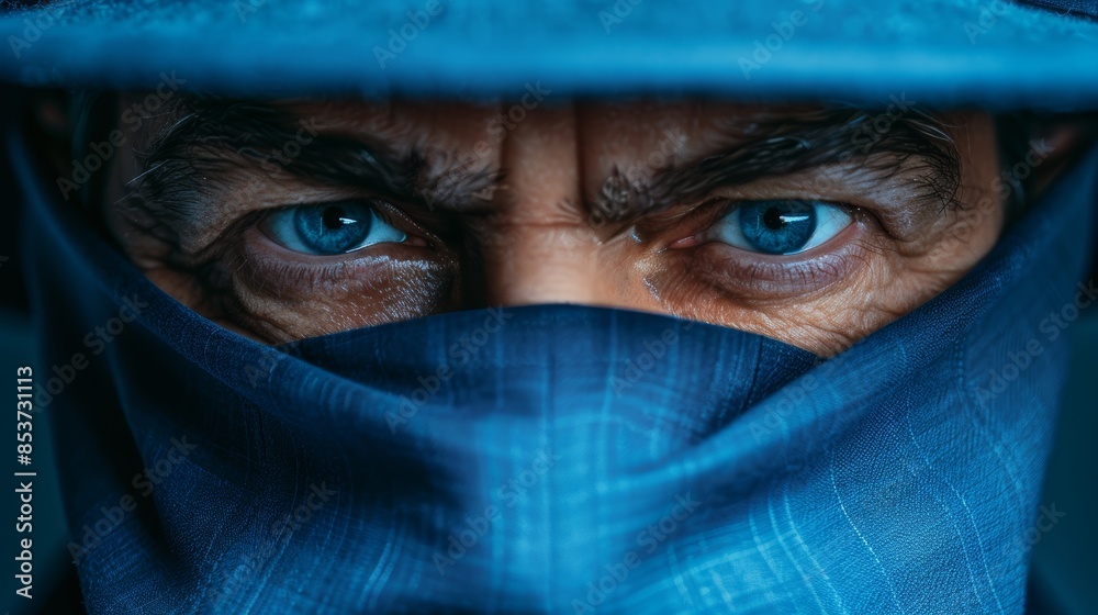 Poster A man with a blue hat and a blue scarf covering his face