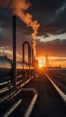 Picture of a gas pipeline with gas flares and industrial buildings at sunset