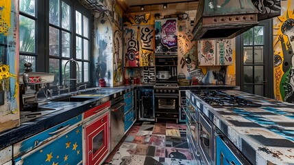 Obraz premium A colorful and eclectic graffiti-styled kitchen interior with artistic designs and vibrant patterns on every surface. 