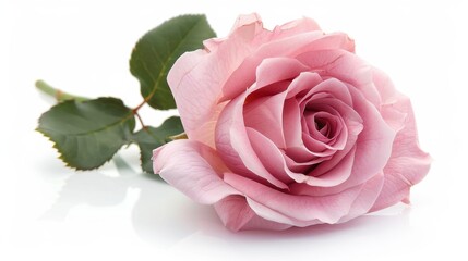 Obraz premium A high-resolution close-up image of a fully bloomed pink rose with green leaves against a white background