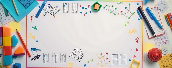 A classroom bulletin board with math problems, geometric shapes, and colorful borders, with copy space on the left for text