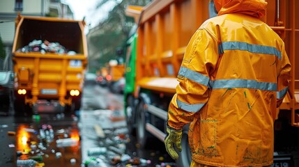 Obraz premium Garbage collector managing waste with garbage truck in the city, illustrating urban sanitation and public service