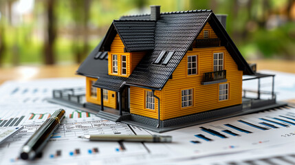 A yellow miniature home model sits atop a table with financial charts and graphs, illustrating the complexities of the home buying process