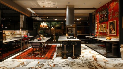Elegant and spacious residential kitchen interior with modern appliances and luxurious design elements. 