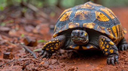 Obraz premium Capturing the engaging gaze of a tortoise as it explores its earthen surroundings