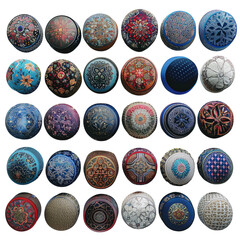 Collection of colorful kipot with intricate designs.