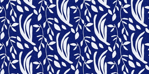 Indigo denim blue leaf motif seamless border. Japanese dye batik fabric style effect print banner swatch.  © Limolida Studio
