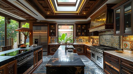 A luxurious traditional kitchen with elaborate woodwork and decorative tile backsplash equipped with modern appliances. 
