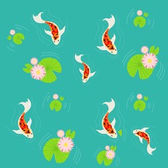 School of fish swimming in a lotus pond