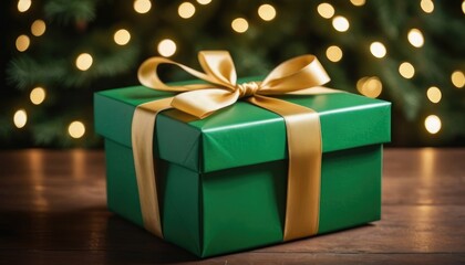 Obraz premium A charming green gift box adorned with a satin bow, ready for celebration on a wooden background.