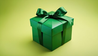 Obraz premium A charming green gift box adorned with a satin bow, ready for celebration.