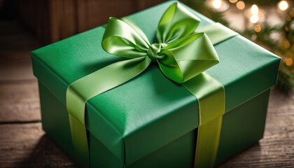 Elegant green present with a shiny ribbon, waiting to be opened on a wooden surface