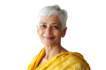 Smiling elderly Indian woman with short hair.